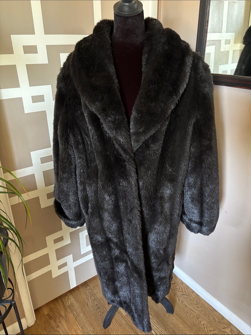 Vintage Monterey Fashions Black Faux Fur Long Coat, Fits Women’s M/L PRISTINE!!!